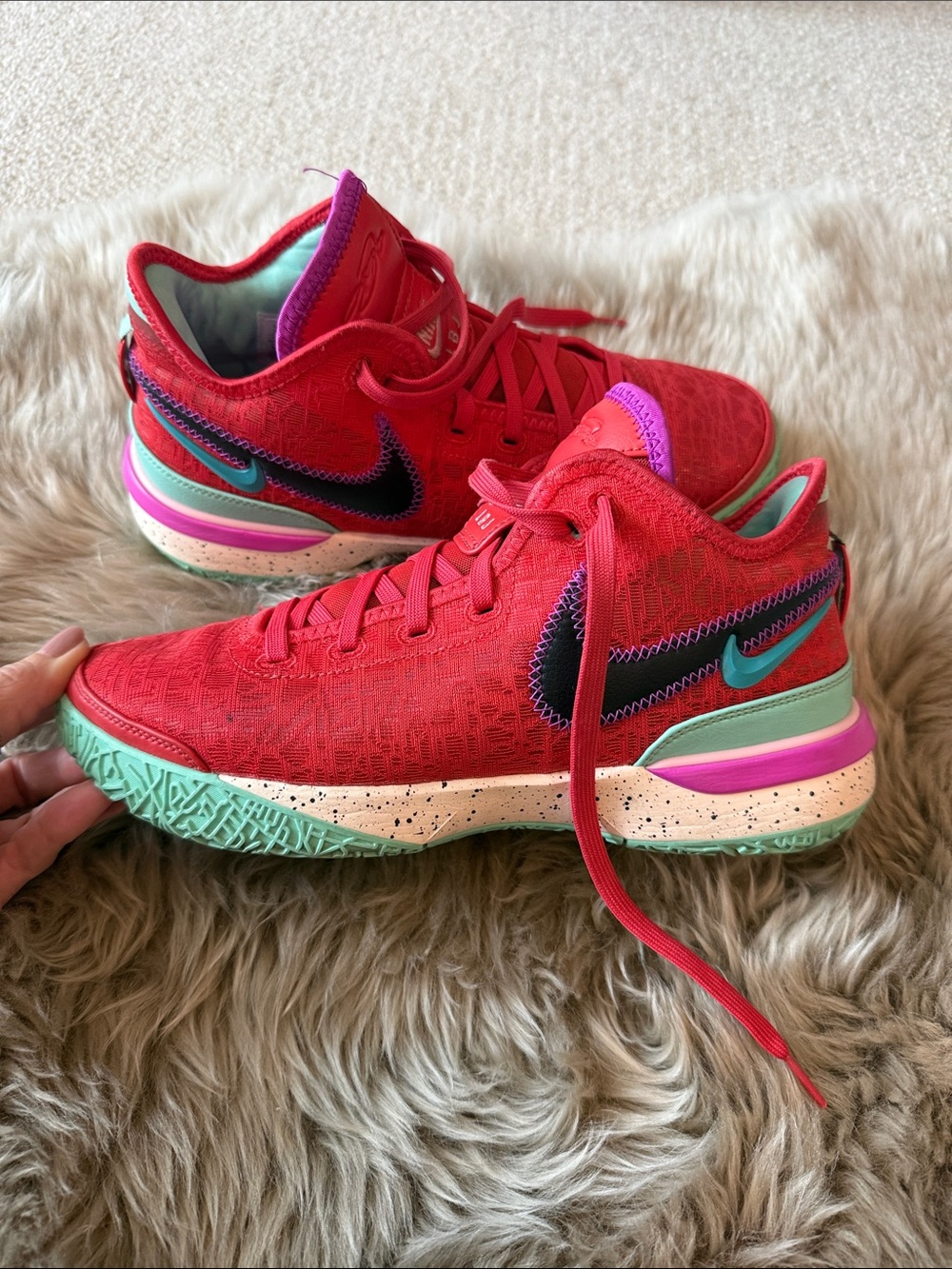 Nike Women’s LeBron JamesRed Basketball Sneakers with Teal and Purple Highlights